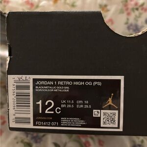Jordan 1 Retro High OG PS Black Metallic Gold Sneakers